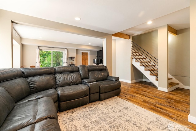 9111 Custer School Rd, Custer, WA 98240 - living room with wood finished floors, stairway, recessed lighting, and baseboards