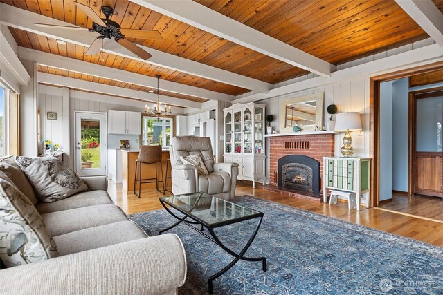 91 N Terrace Rd, Hoodsport, WA 98548 - living room featuring a chandelier, a fireplace, light wood-style flooring, ceiling fan, and wooden ceiling