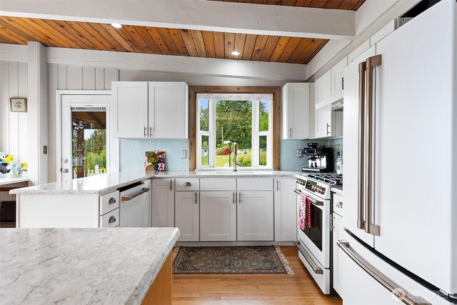 91 N Terrace Rd, Hoodsport, WA 98548 - kitchen featuring white appliances, wooden ceiling with exposed beams, light wood-style flooring, decorative backsplash, and white cabinets