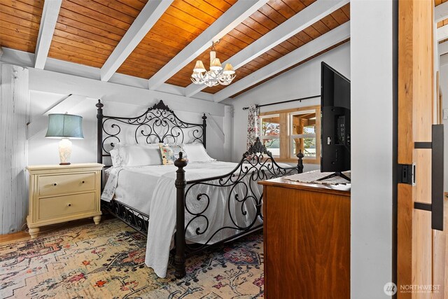 91 N Terrace Rd, Hoodsport, WA 98548 - bedroom featuring a chandelier and wood ceiling
