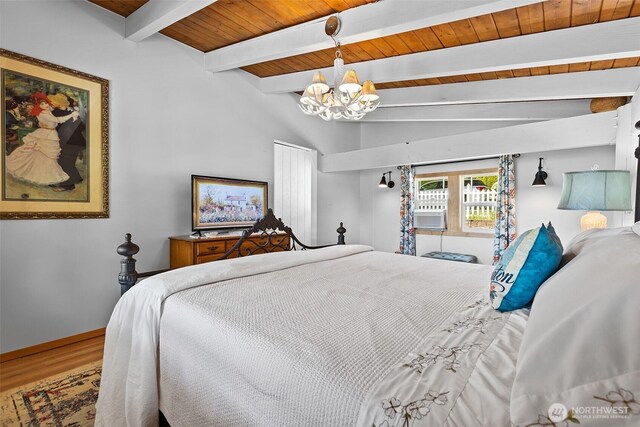 91 N Terrace Rd, Hoodsport, WA 98548 - bedroom featuring wood finished floors, a chandelier, baseboards, and wood ceiling