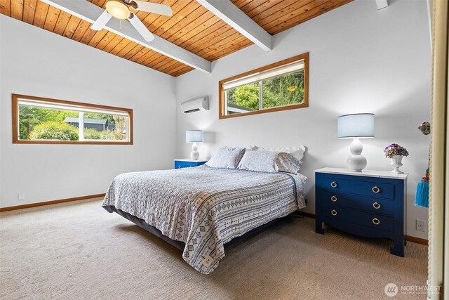 91 N Terrace Rd, Hoodsport, WA 98548 - carpeted bedroom featuring a wall unit AC, multiple windows, wood ceiling with exposed beams, baseboards, and ceiling fan