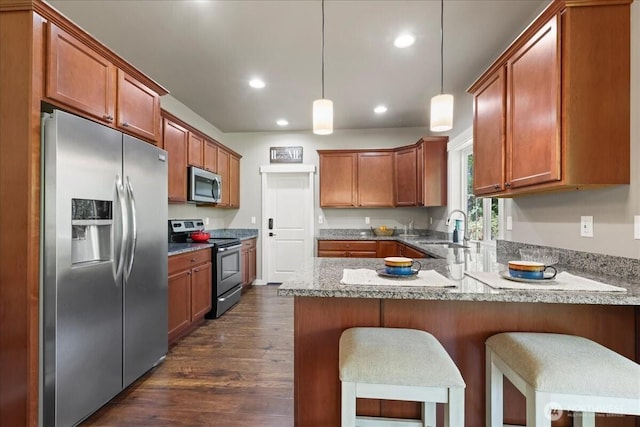 190 E Country Club Dr W, Union, WA 98592 - kitchen with stainless steel appliances, a sink, a peninsula, recessed lighting, and dark wood-type flooring