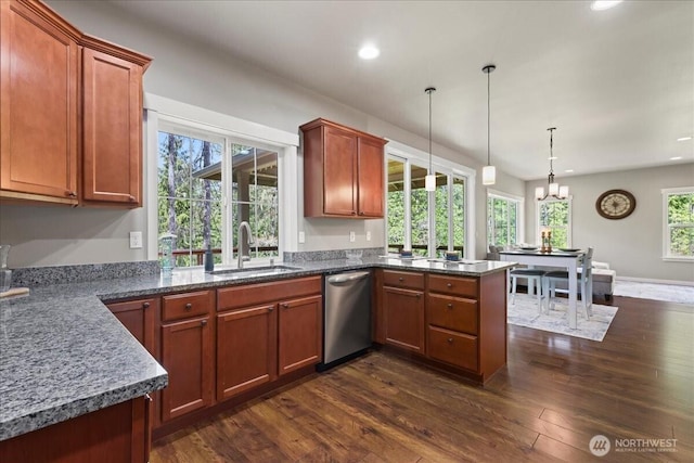 190 E Country Club Dr W, Union, WA 98592 - kitchen featuring dishwasher, a sink, recessed lighting, a peninsula, and a chandelier