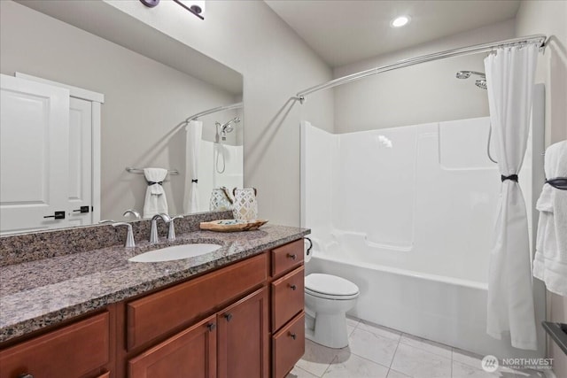 190 E Country Club Dr W, Union, WA 98592 - bathroom with vanity, shower / tub combo, toilet, tile patterned flooring, and recessed lighting