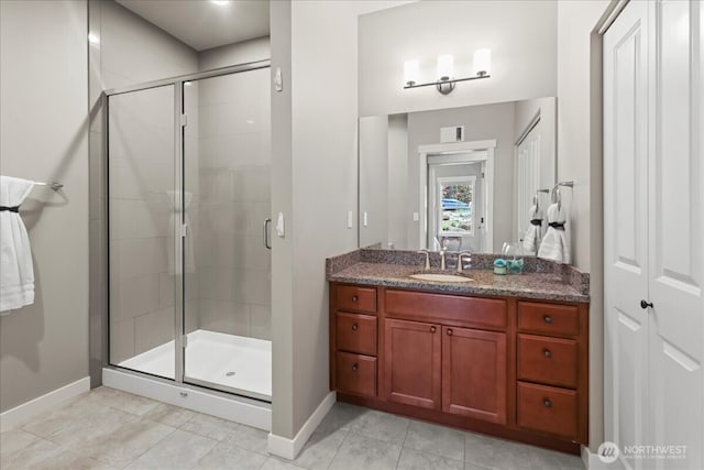 190 E Country Club Dr W, Union, WA 98592 - full bathroom featuring baseboards, a stall shower, vanity, and tile patterned floors