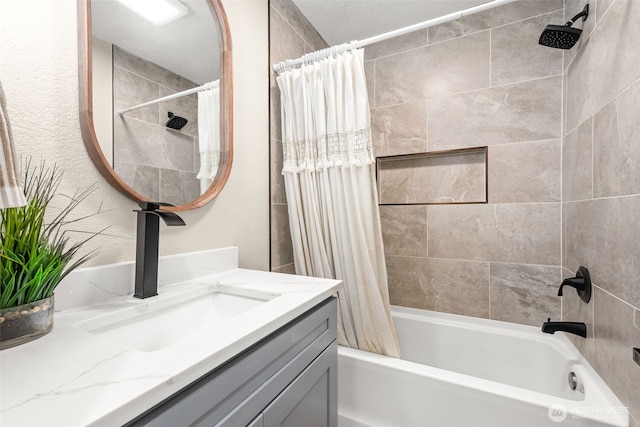 5116 N 40th St, Tacoma, WA 98407 - full bathroom with shower / bathtub combination with curtain, vanity, and a textured wall