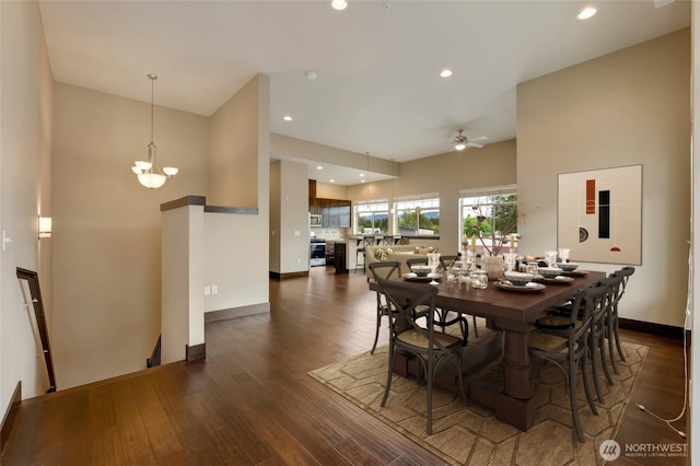 4020 NE 3rd Pl Unit B, Renton, WA 98056 - dining area with ceiling fan, dark wood-style floors, recessed lighting, a chandelier, and baseboards
