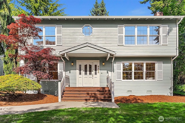 6220 146th Pl SE, Bellevue, WA 98006 - view of front facade featuring crawl space, a chimney, and a front yard