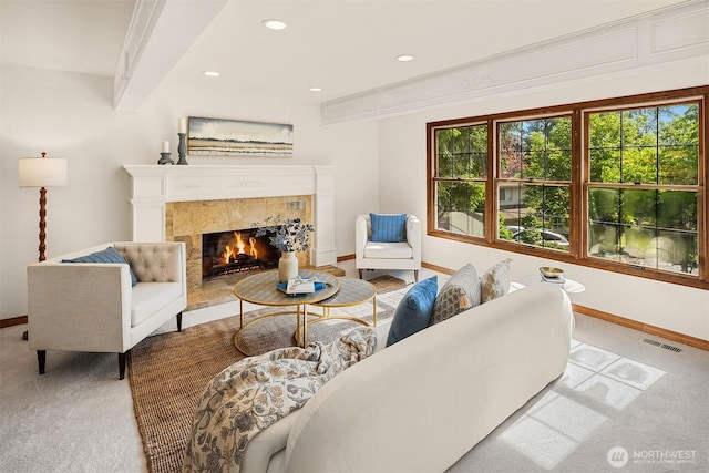 6220 146th Pl SE, Bellevue, WA 98006 - carpeted living area featuring a premium fireplace, baseboards, and recessed lighting