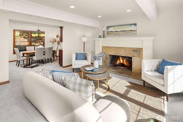 6220 146th Pl SE, Bellevue, WA 98006 - living area featuring carpet, a premium fireplace, baseboards, a chandelier, and recessed lighting