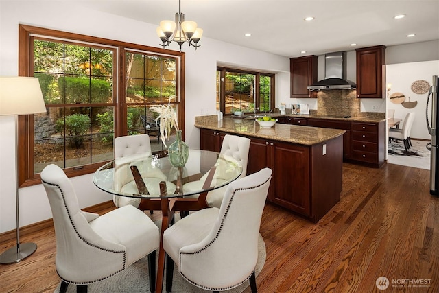 6220 146th Pl SE, Bellevue, WA 98006 - dining room with dark wood-style floors, a chandelier, recessed lighting, and baseboards