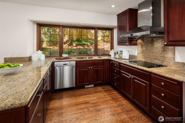 6220 146th Pl SE, Bellevue, WA 98006 - kitchen with stainless steel dishwasher, wall chimney exhaust hood, a sink, black electric stovetop, and light stone counters