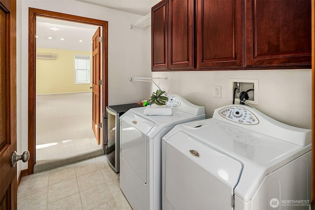 6220 146th Pl SE, Bellevue, WA 98006 - laundry room with cabinet space, independent washer and dryer, light tile patterned flooring, a wall mounted AC, and light colored carpet