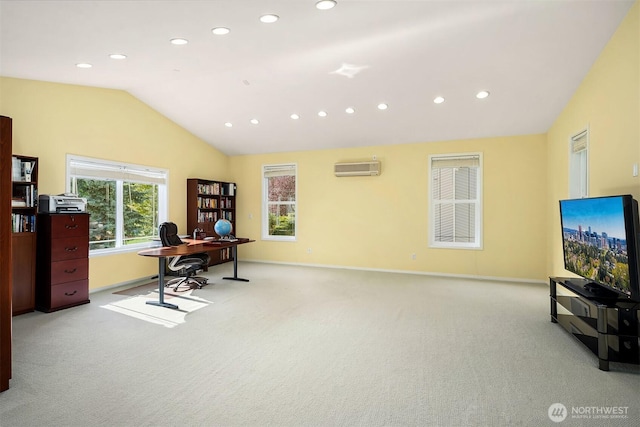 6220 146th Pl SE, Bellevue, WA 98006 - office area with lofted ceiling, light colored carpet, recessed lighting, a wall unit AC, and baseboards