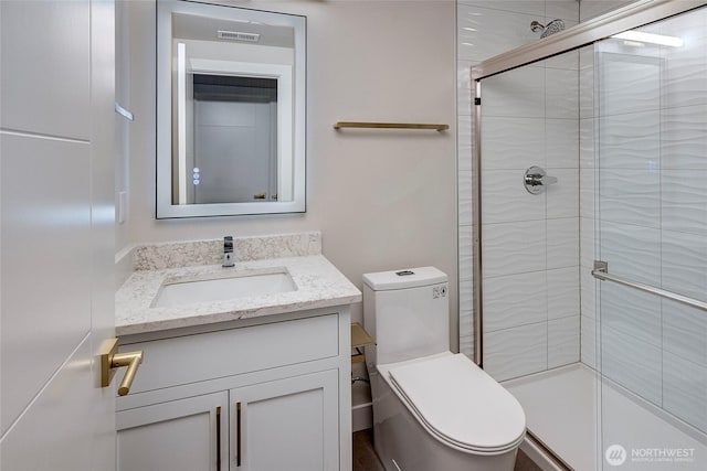 6726 NE 187th St Unit 104, Kenmore, WA 98028 - full bathroom with toilet, a shower stall, and vanity