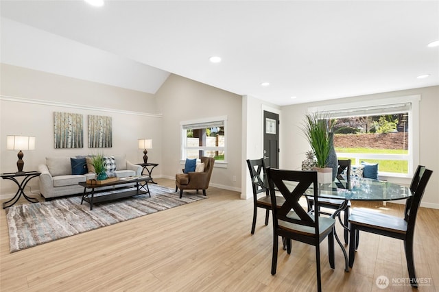 20103 75th Ave NE, Kenmore, WA 98028 - dining room featuring light wood-style flooring, baseboards, recessed lighting, and vaulted ceiling