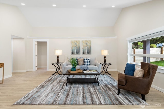 20103 75th Ave NE, Kenmore, WA 98028 - living room featuring high vaulted ceiling, wood finished floors, baseboards, and recessed lighting