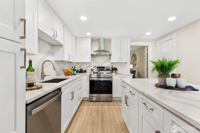 20103 75th Ave NE, Kenmore, WA 98028 - kitchen with wall chimney range hood, stainless steel appliances, a sink, white cabinetry, and recessed lighting
