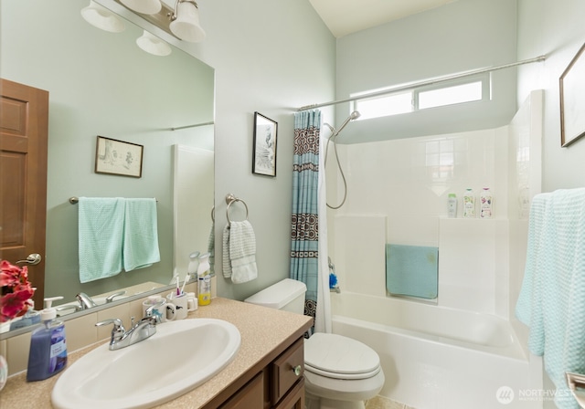 bathroom with toilet, shower / bath combination with curtain, and vanity