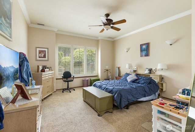 bedroom with light colored carpet, ornamental molding, an office area, a ceiling fan, and baseboards