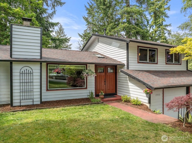 1933 Dayton Dr SE, Renton, WA 98055 - split level home with roof with shingles, a front yard, and a chimney