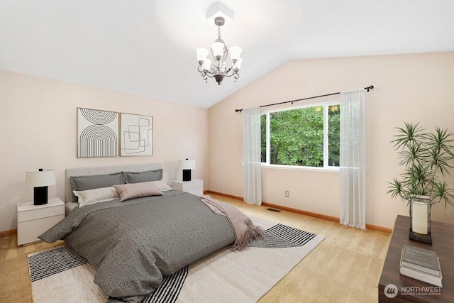 1521 55th Ct SE, Auburn, WA 98092 - bedroom with a chandelier, baseboards, vaulted ceiling, and light carpet