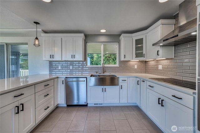 1245 SW 301st St, Federal Way, WA 98023 - kitchen featuring stainless steel dishwasher, a sink, wall chimney range hood, black electric cooktop, and light tile patterned floors