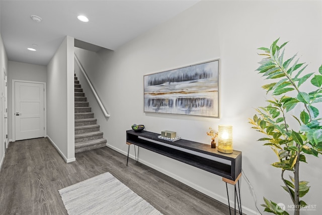 7629 NE 122nd Ct Unit 7, Kirkland, WA 98034 - foyer with stairs, wood finished floors, baseboards, and recessed lighting
