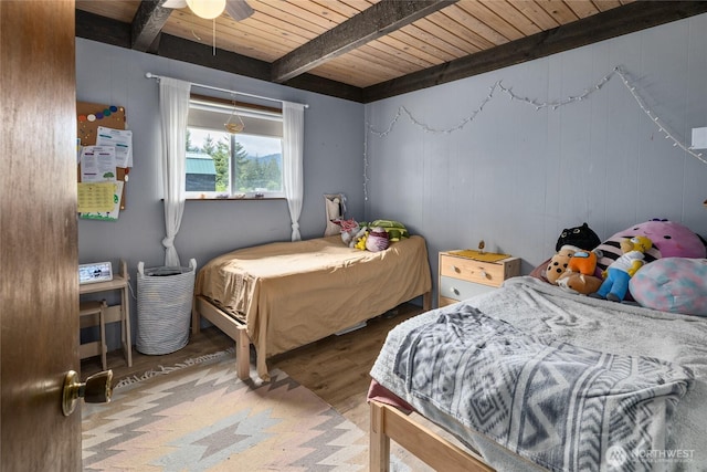 340 Sunshine Way, Cle Elum, WA 98922 - bedroom featuring wood finished floors, wooden ceiling with exposed beams, and wooden walls