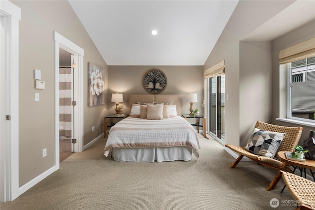 830 15th Ave Unit A, Seattle, WA 98122 - carpeted bedroom featuring vaulted ceiling, baseboards, access to outside, connected bathroom, and recessed lighting
