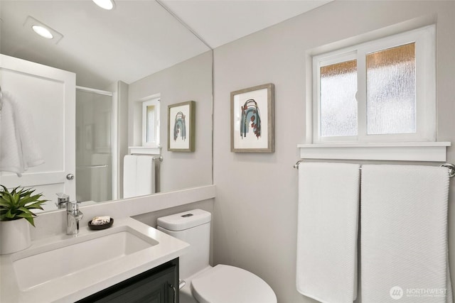 2643A NW 59th St, Seattle, WA 98107 - bathroom with vanity, toilet, a shower, and recessed lighting