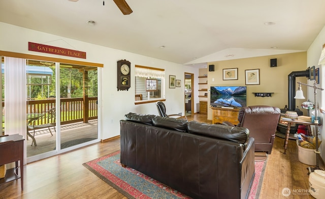 290 E Budd Dr, Shelton, WA 98584 - living area featuring lofted ceiling, wood finished floors, and ceiling fan