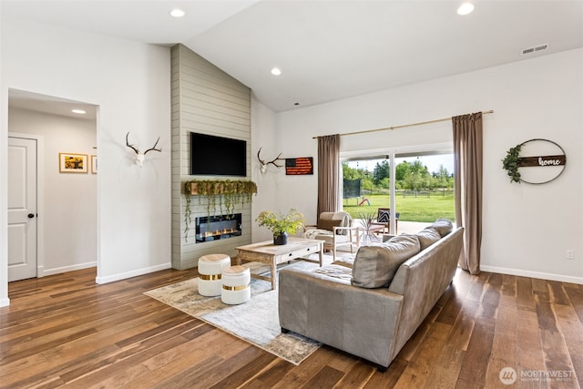 144 Faun Rae Ln, Chehalis, WA 98532 - living area with hardwood / wood-style flooring, a large fireplace, baseboards, recessed lighting, and high vaulted ceiling
