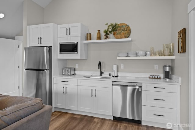 141 Panorama Dr, Cle Elum, WA 98922 - kitchen featuring appliances with stainless steel finishes, open shelves, a sink, lofted ceiling, and white cabinetry