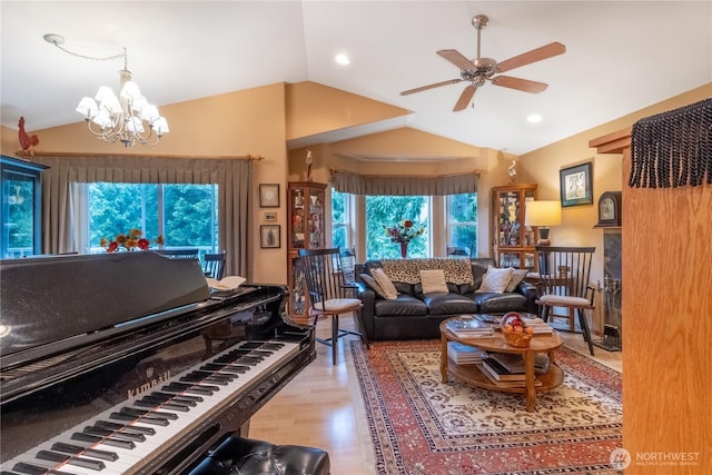 22 Inlet Cir, Bellingham, WA 98229 - living area featuring vaulted ceiling, ceiling fan, a chandelier, and wood finished floors
