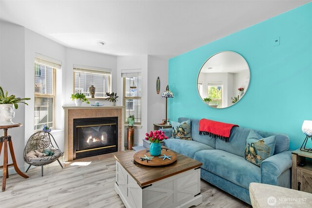 20800 72nd Ave W Unit 202, Edmonds, WA 98026 - living area with light wood-type flooring, plenty of natural light, and a tiled fireplace