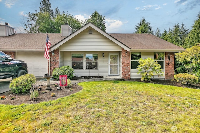 56065608 76th Street Ct E, Puyallup, WA 98371 - ranch-style house with a garage, a front lawn, a chimney, and brick siding