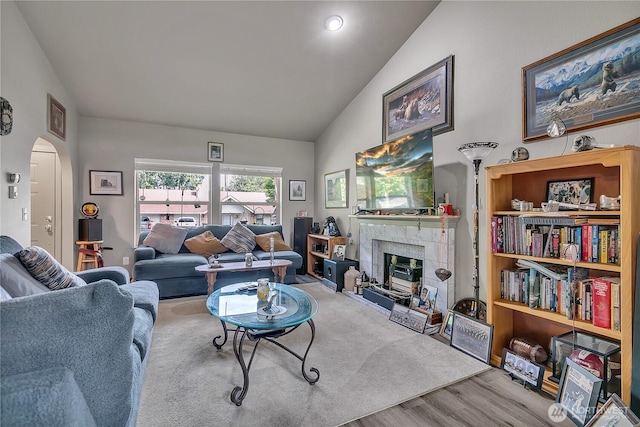 56065608 76th Street Ct E, Puyallup, WA 98371 - living area with vaulted ceiling, wood finished floors, arched walkways, and a fireplace