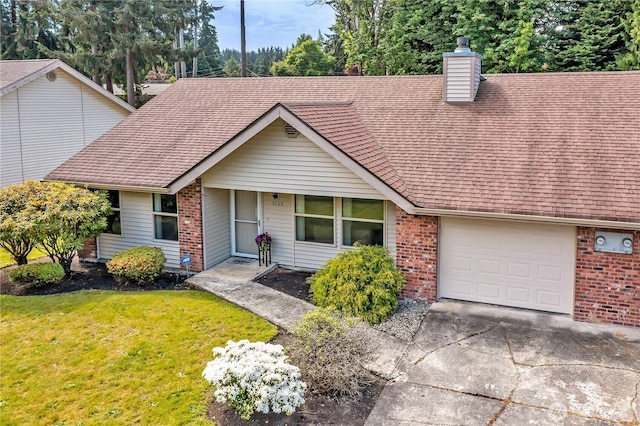 56065608 76th Street Ct E, Puyallup, WA 98371 - view of front of home with brick siding, a chimney, a front lawn, and roof with shingles