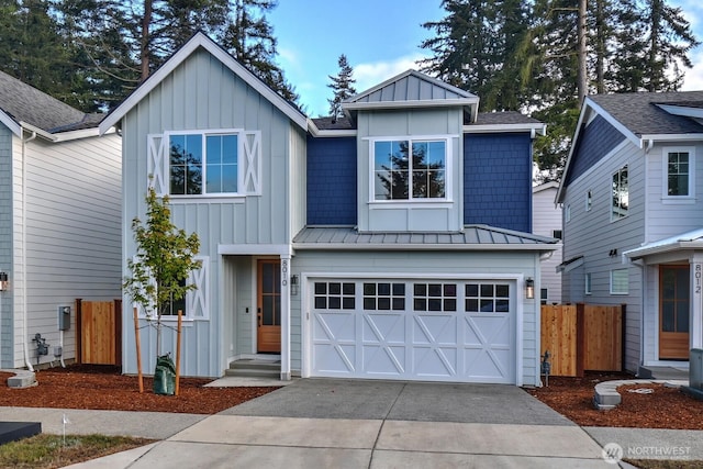 8010 222nd St SW, Edmonds, WA 98026 - view of front of property with board and batten siding, driveway, an attached garage, a shingled roof, and a standing seam roof