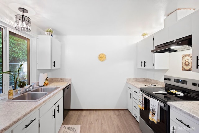 22412 110th Ave SE, Kent, WA 98031 - kitchen featuring stainless steel range with electric stovetop, under cabinet range hood, light wood-type flooring, dishwasher, and a sink