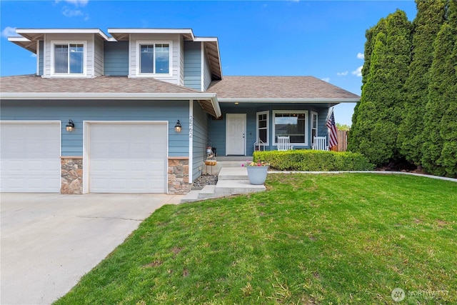 2562 Fancher Heights Blvd, East Wenatchee, WA 98802 - view of front of home featuring driveway, a front yard, a porch, a shingled roof, and stone siding