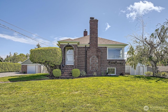 10758 22nd Ave SW, Seattle, WA 98146 - view of front facade featuring brick siding, a chimney, a garage, an outdoor structure, and a shingled roof