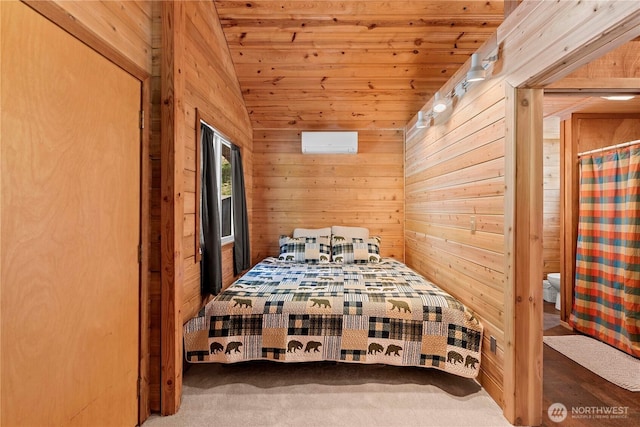 9460 Eagle Creek Rd, Leavenworth, WA 98826 - bedroom featuring wood walls, lofted ceiling, wooden ceiling, and an AC wall unit