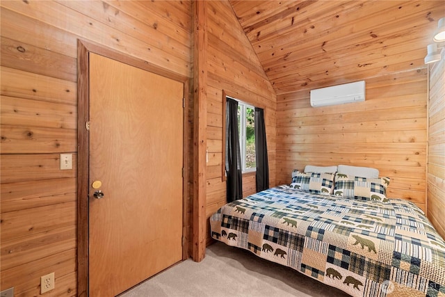 9460 Eagle Creek Rd, Leavenworth, WA 98826 - bedroom with vaulted ceiling, carpet floors, wooden walls, and a wall unit AC