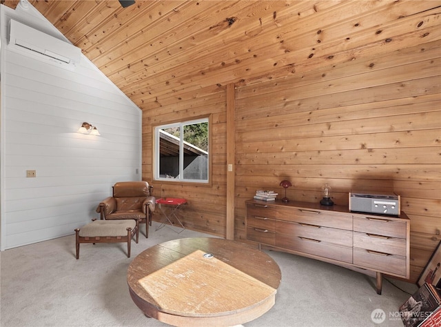 9460 Eagle Creek Rd, Leavenworth, WA 98826 - living area featuring carpet, wooden walls, wood ceiling, a wall unit AC, and lofted ceiling