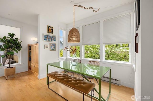 156 Hall Brothers Loop NE Unit 201, Bainbridge Island, WA 98110 - dining room with a baseboard radiator, light wood-type flooring, and healthy amount of natural light