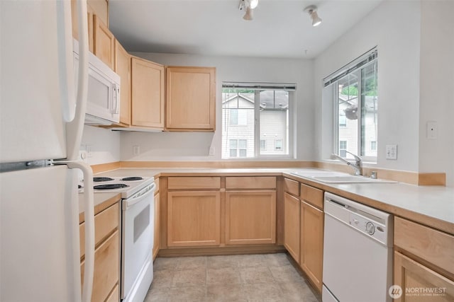 15325 SE 155th Pl Unit N5, Renton, WA 98058 - kitchen featuring white appliances, a sink, light brown cabinetry, light countertops, and light tile patterned flooring