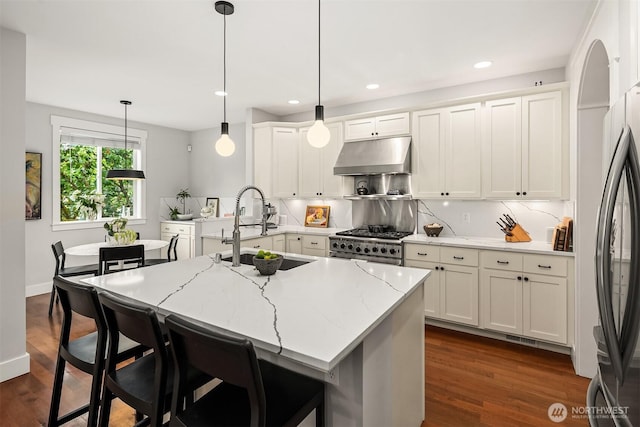 5102 S Frontenac St, Seattle, WA 98118 - kitchen with a sink, under cabinet range hood, backsplash, dark wood finished floors, and white cabinetry